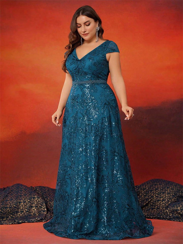 sequin lace gown with V-neck and cap sleeves – EMERALDIA