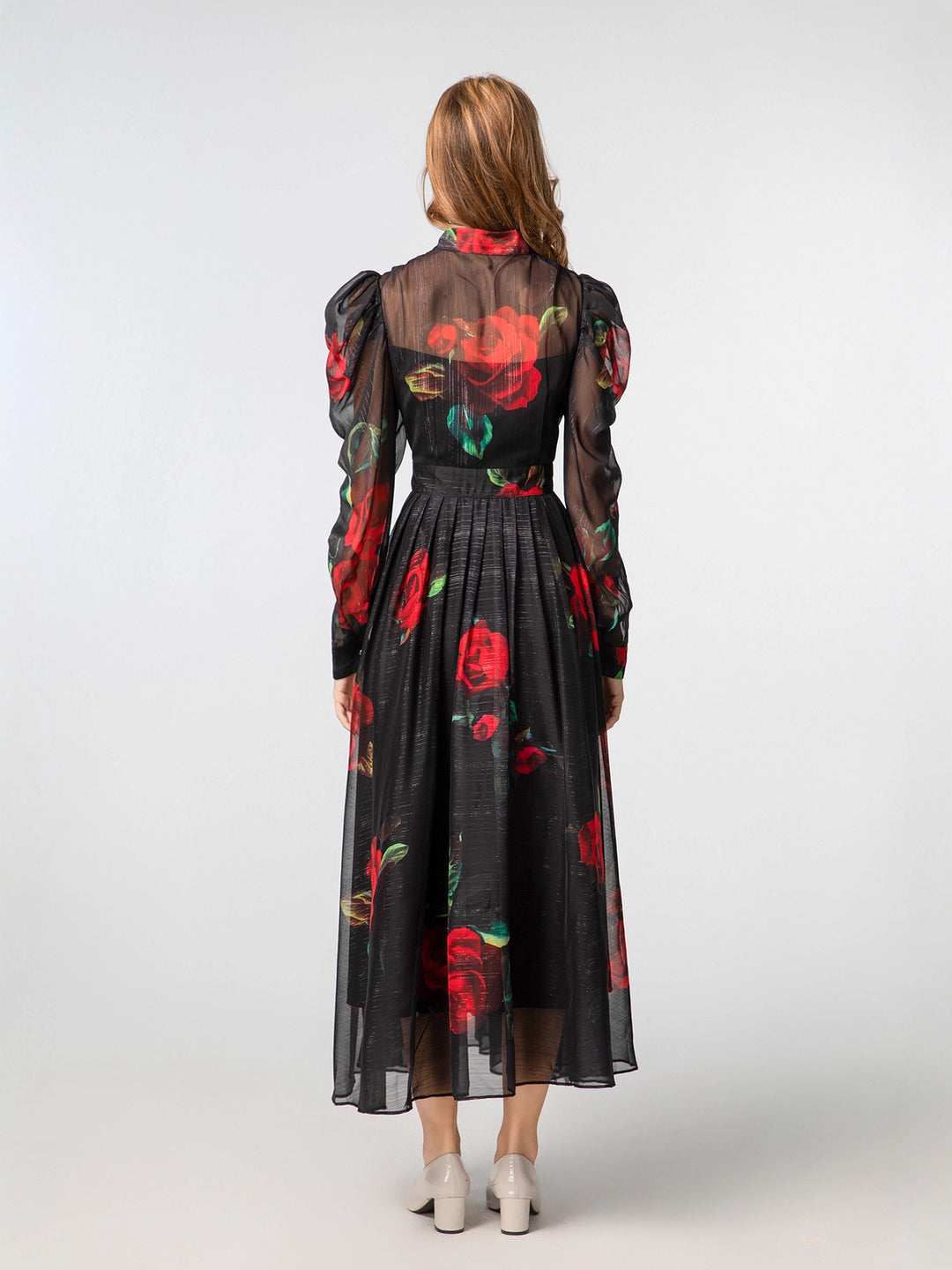 sheer organza dress with red rose print – VERONA