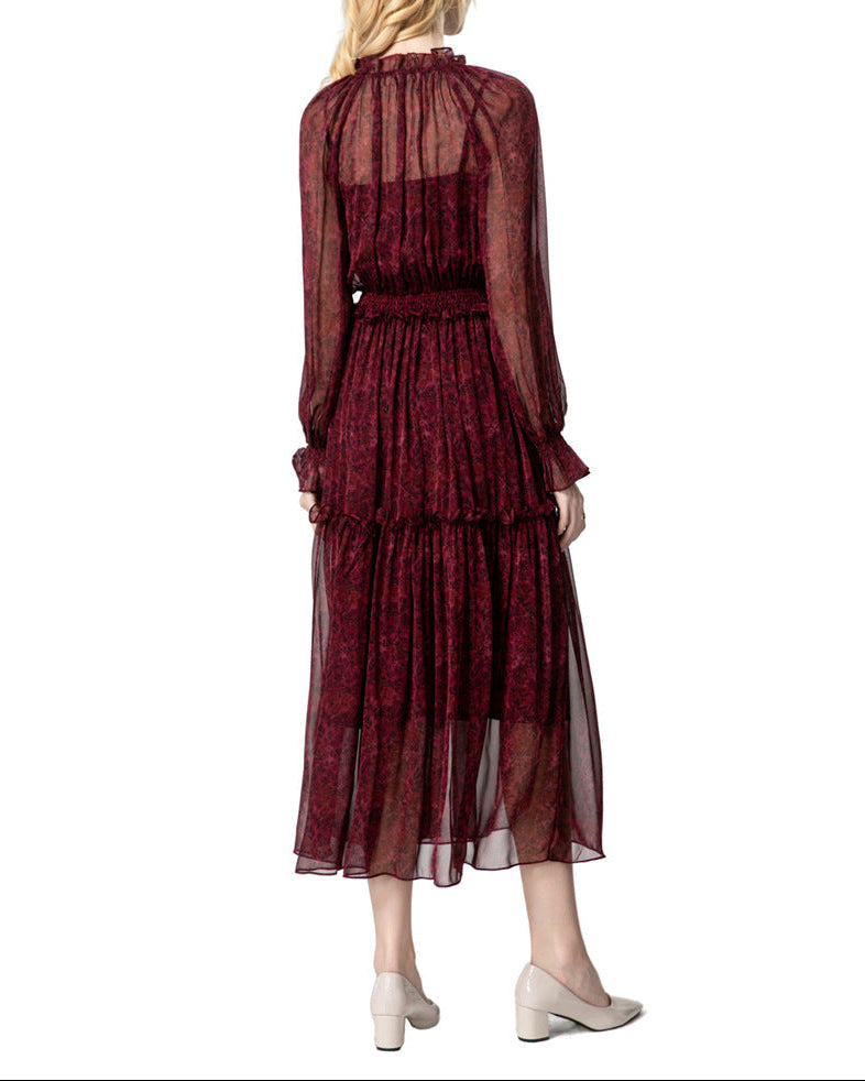 chiffon tiered midi dress with tie neckline – MAEVE