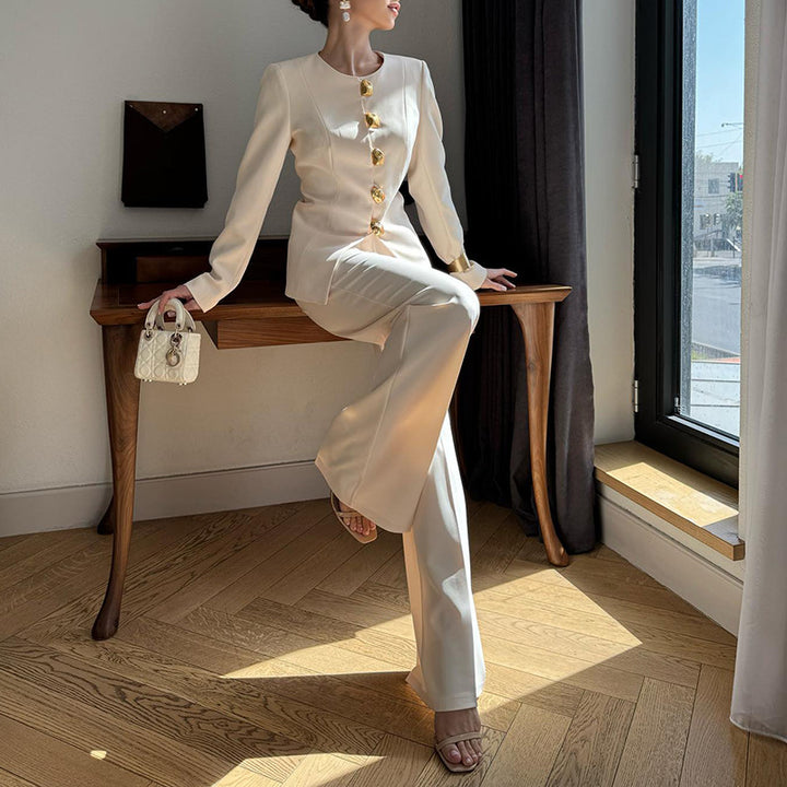 tailored ivory blazer set with gold statement buttons – AURELIE