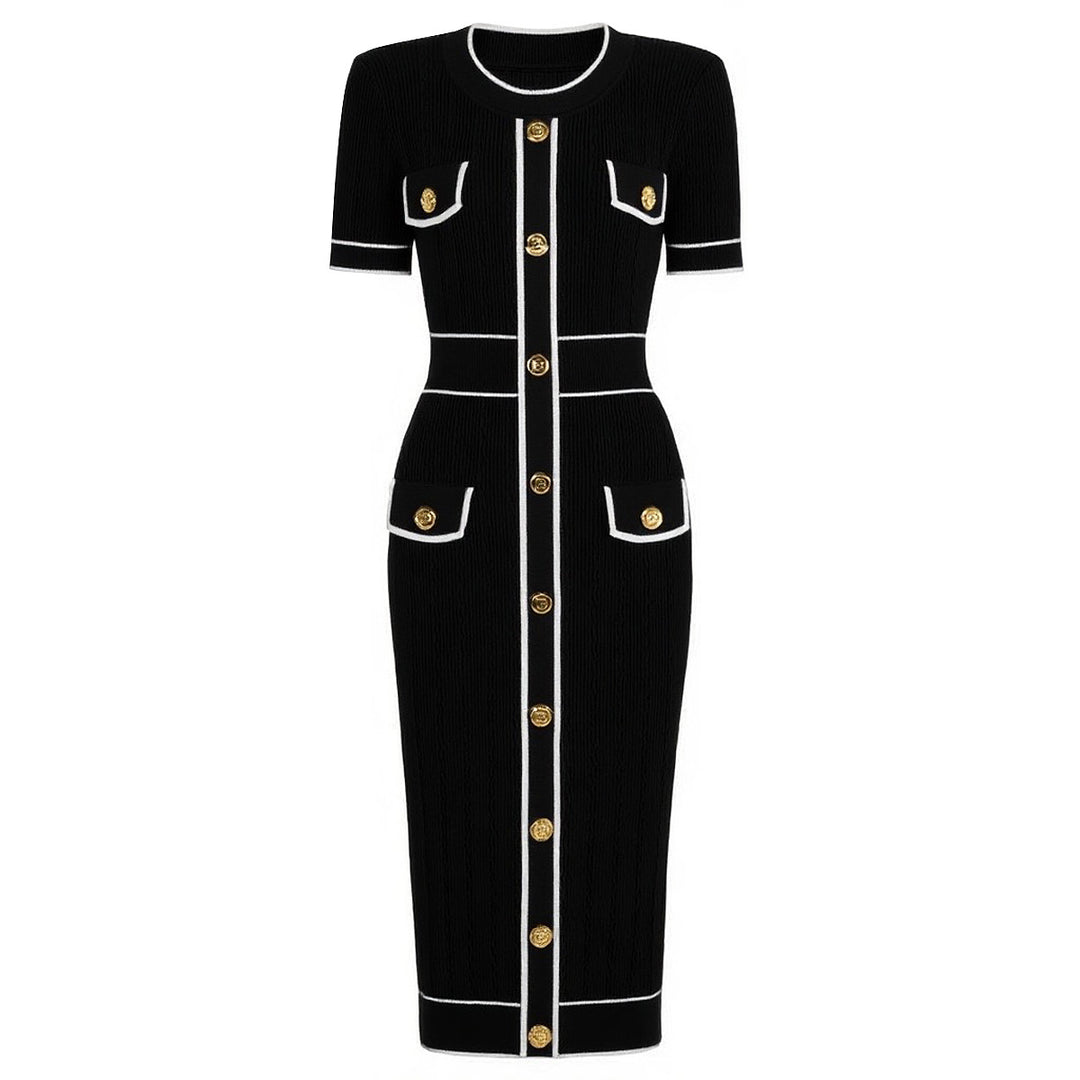 short-sleeve knit dress with contrast trim and gold buttons – CELINAMI