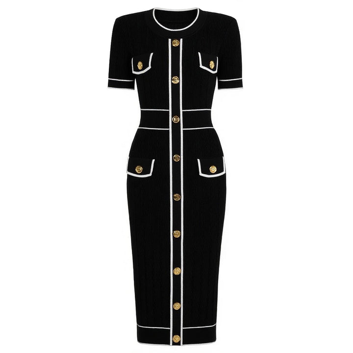 short-sleeve knit dress with contrast trim and gold buttons – CELINAMI