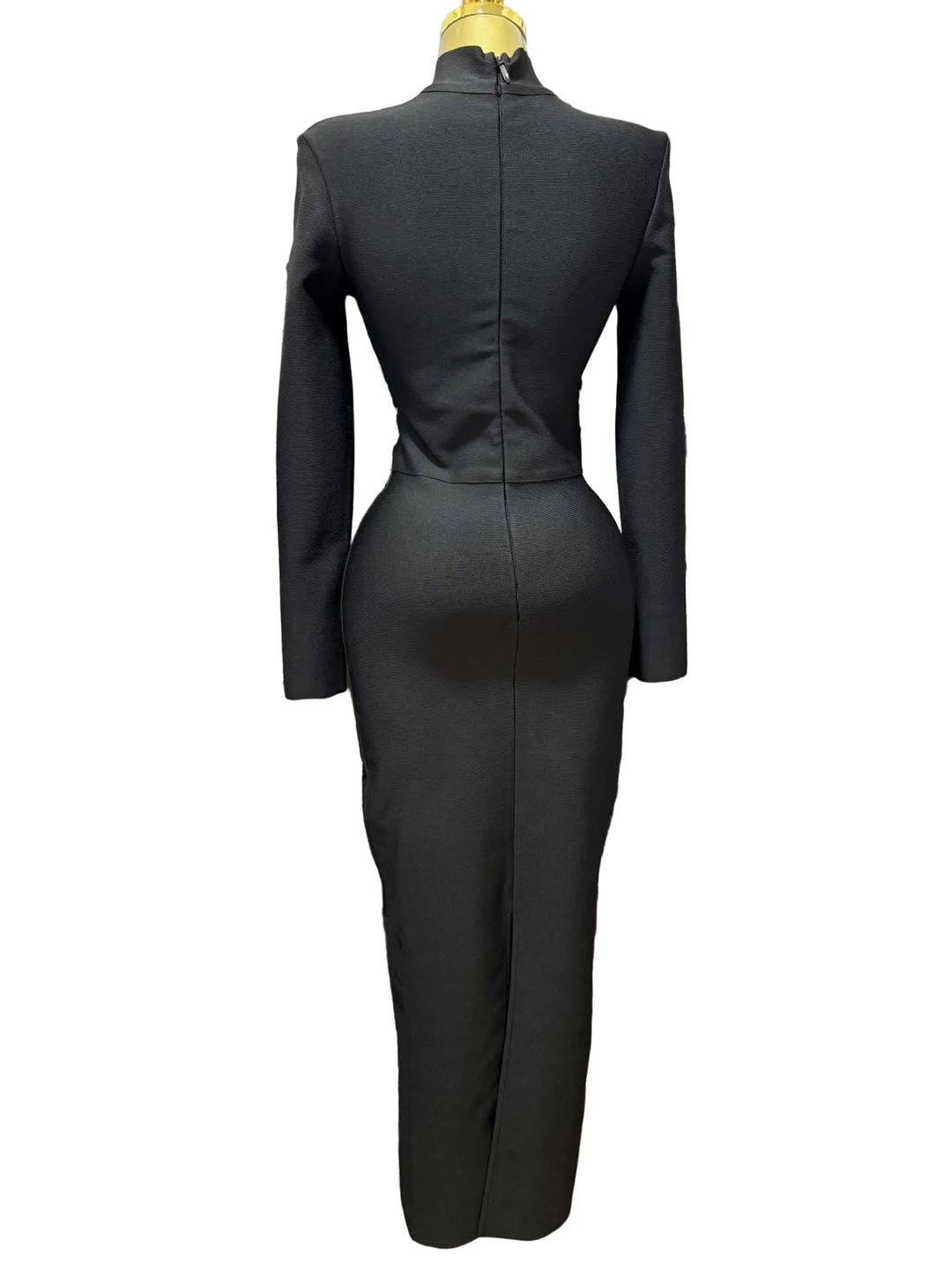 long sleeve high-neck maxi dress with crystal waist embellishment – CRYSTAL