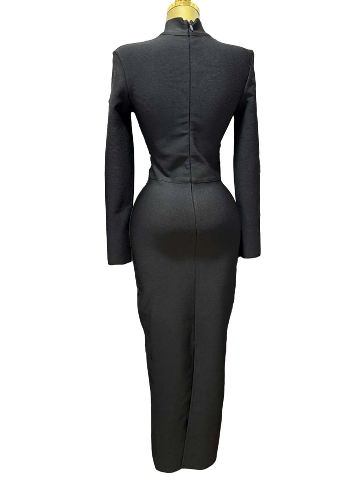 long sleeve high-neck maxi dress with crystal waist embellishment – CRYSTAL