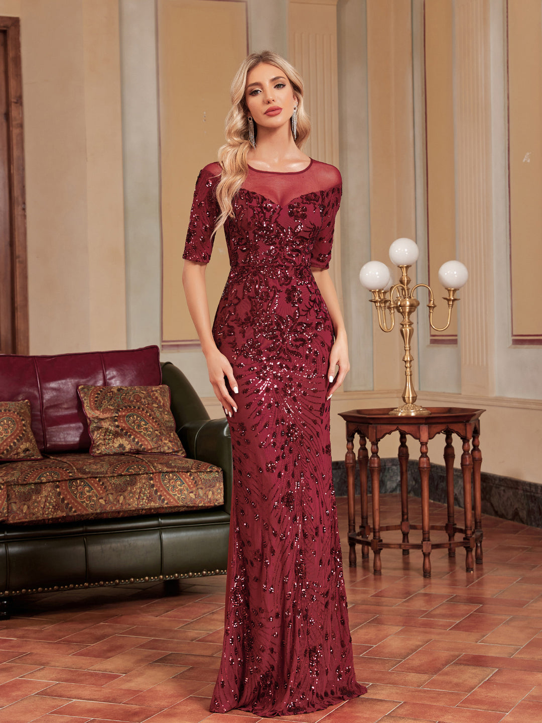 embellished illusion gown with half sleeves – RADIANCE