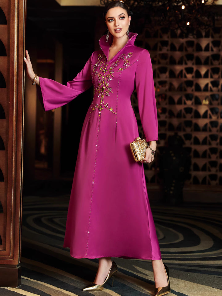long sleeve column dress with embellished collar - FARAH