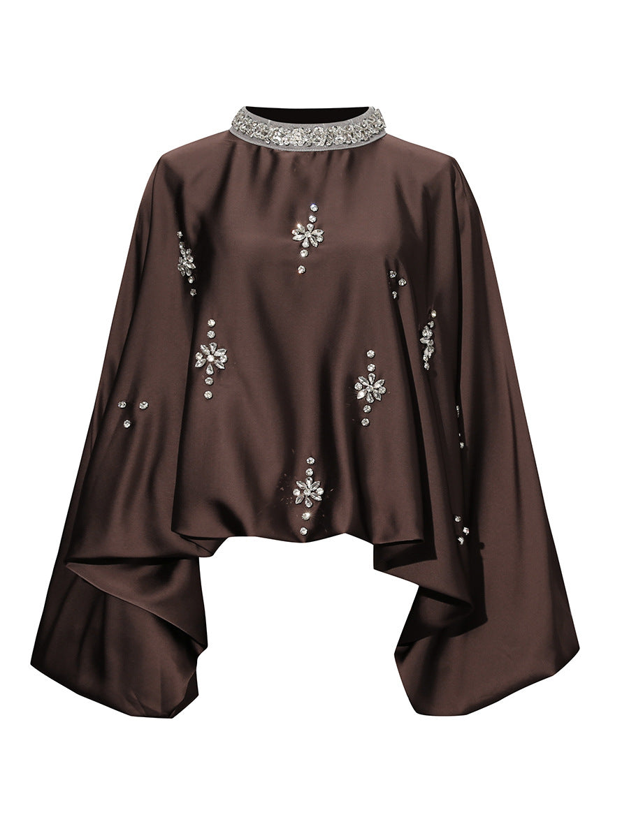 embellished satin batwing blouse with crystal neckline – CELESTE
