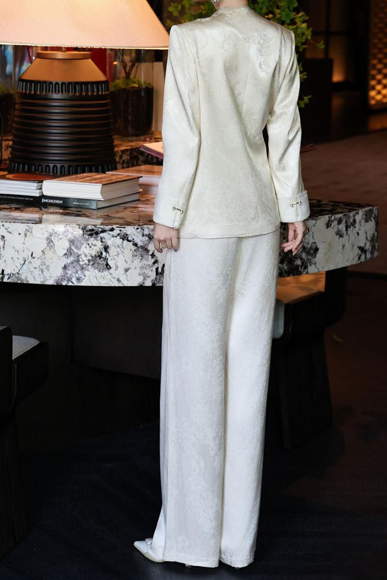 jacquard wrap blazer with wide-leg satin trousers – SERAPHINE