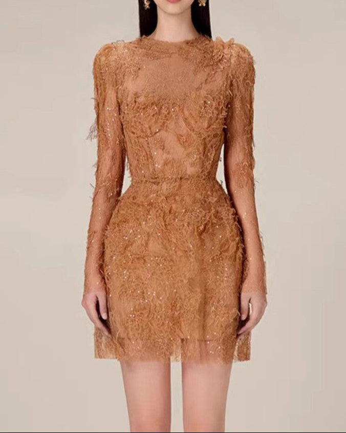 long-sleeve lace mini dress with sheer bodice – ELODIEZU