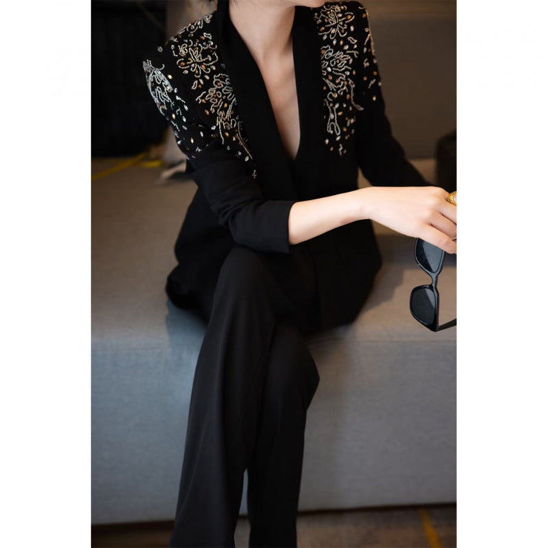 embellished-shoulder tailored blazer set – ASTERA