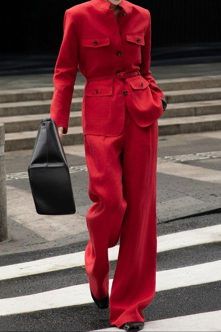 سترة بليزر بياقة ماندرين وحزام مع بنطلون واسع الساق - روزيتا