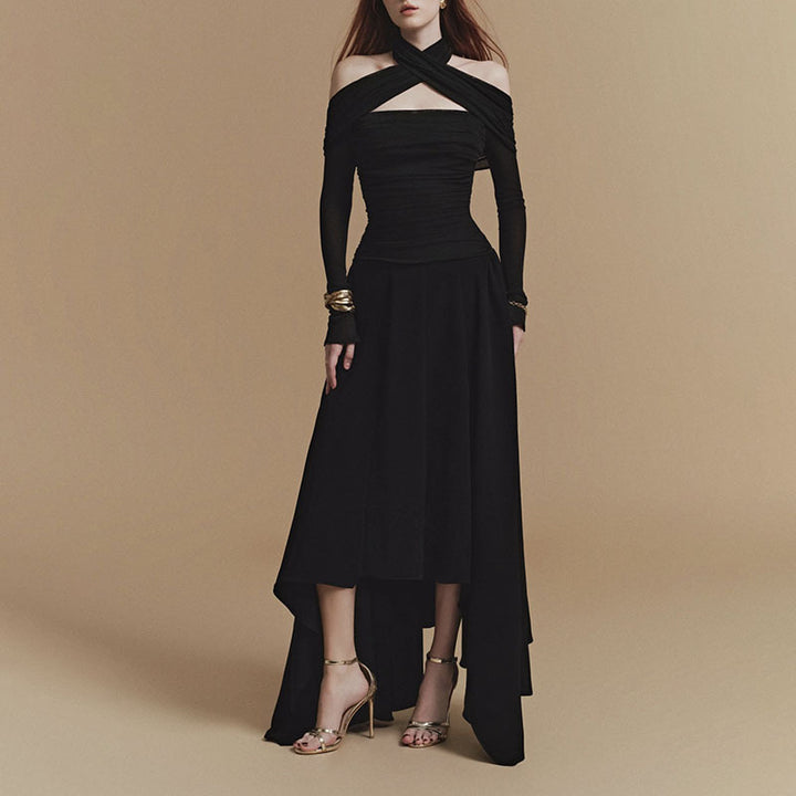 Plissiertes Oberteil mit ausgestellten Ärmeln und Maxirock-Set mit Taillengürtel – Rosiny 