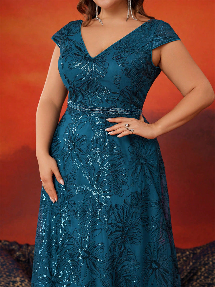 sequin lace gown with V-neck and cap sleeves – EMERALDIA