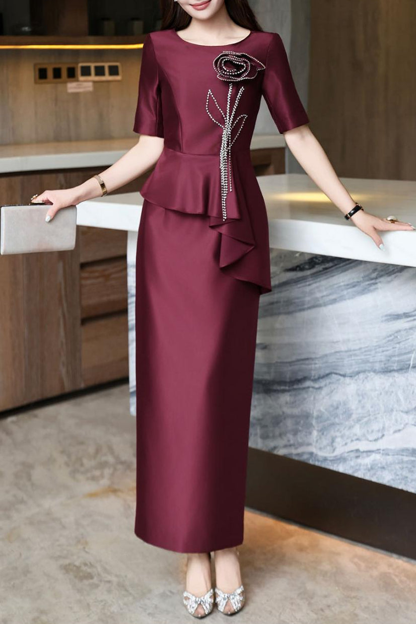 peplum midi dress with beaded floral applique – ASTRID