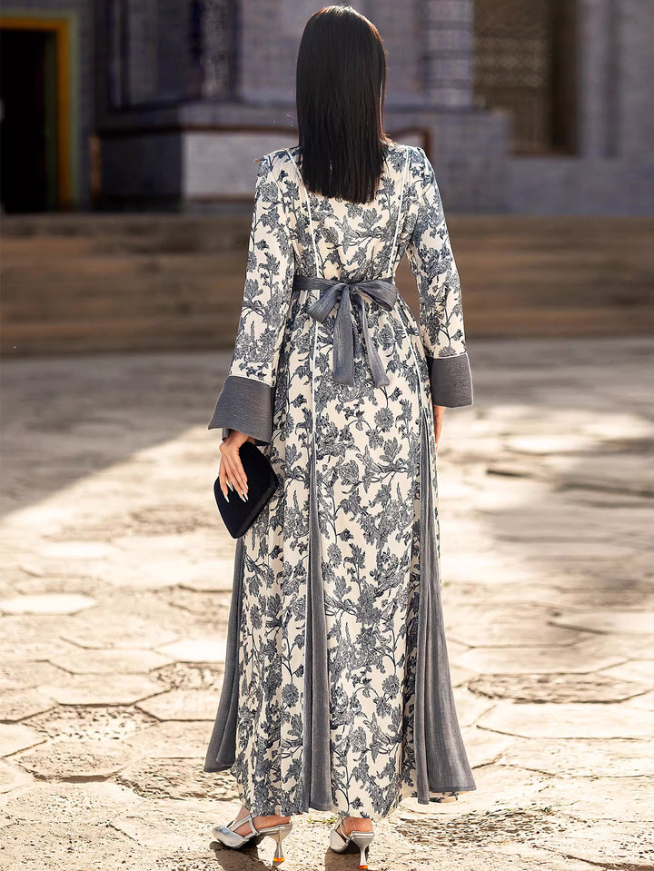 Printed Maxi Dress with Flared Sleeves and V-Neck – AURELLE