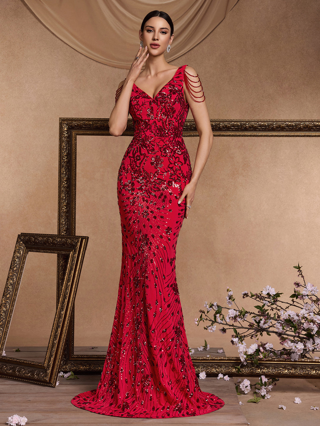 embellished V-neck mermaid gown with shoulder drape – ADELIA