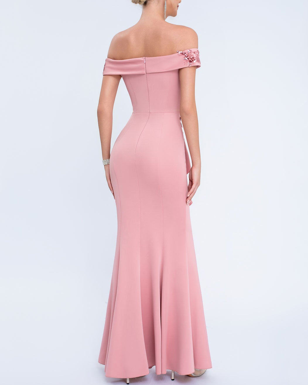 off-shoulder gown with floral appliqué and side ruffle – SERENATJI