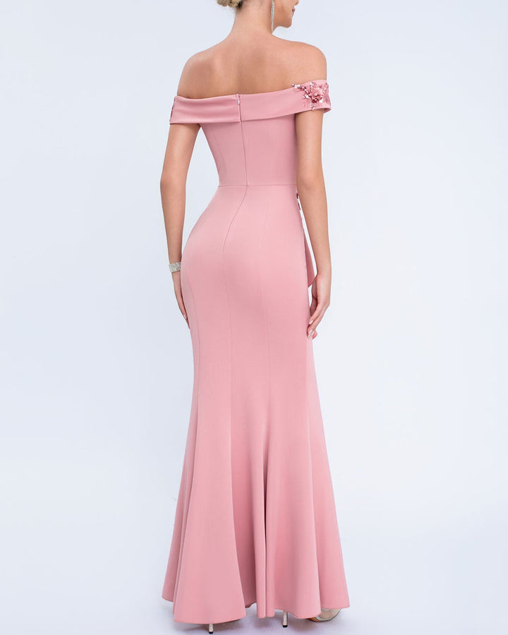 off-shoulder gown with floral appliqué and side ruffle – SERENATJI