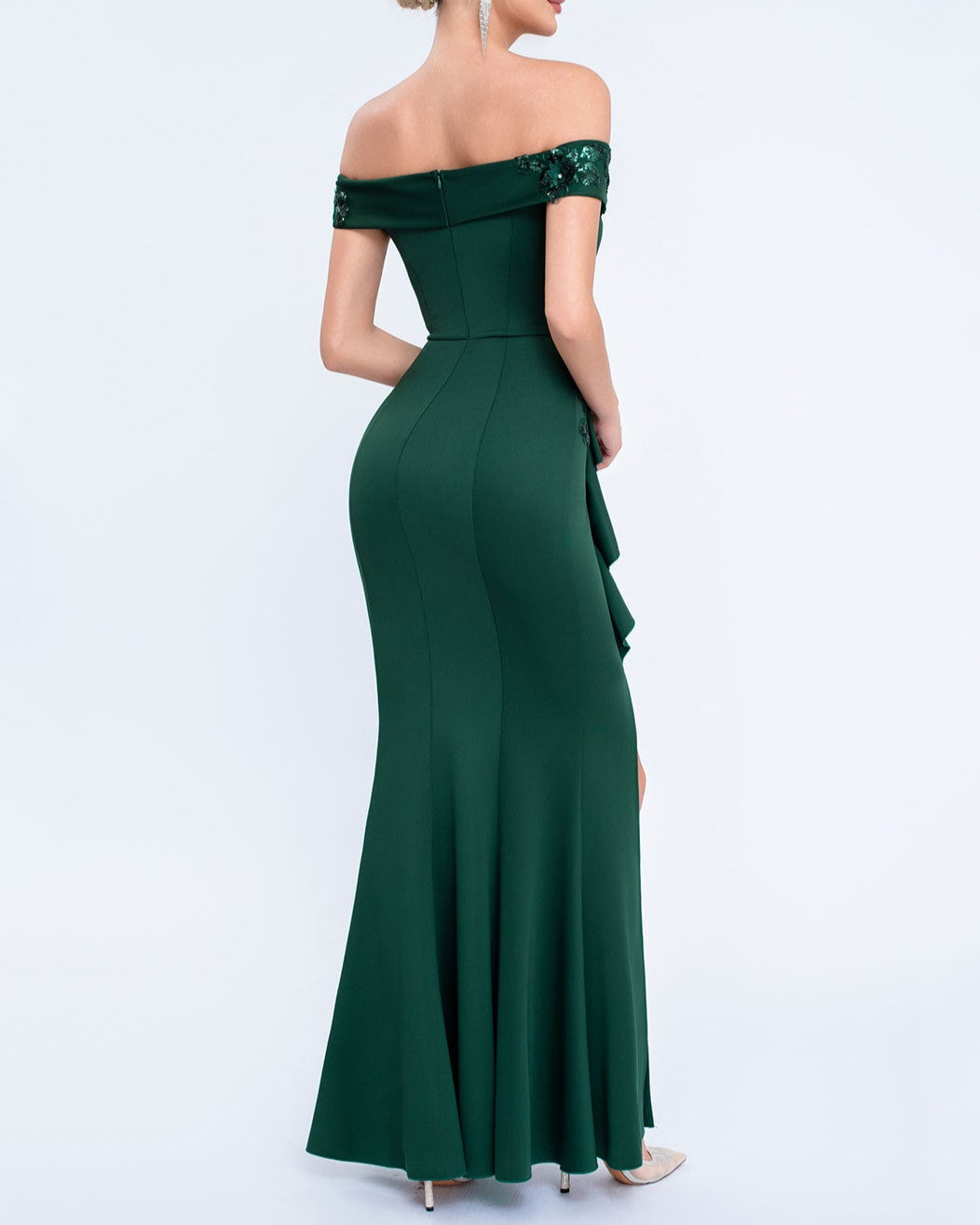 off-shoulder gown with floral appliqué and side ruffle – SERENATJI