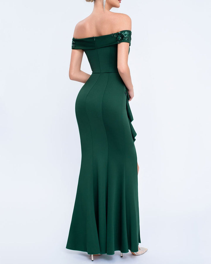 off-shoulder gown with floral appliqué and side ruffle – SERENATJI