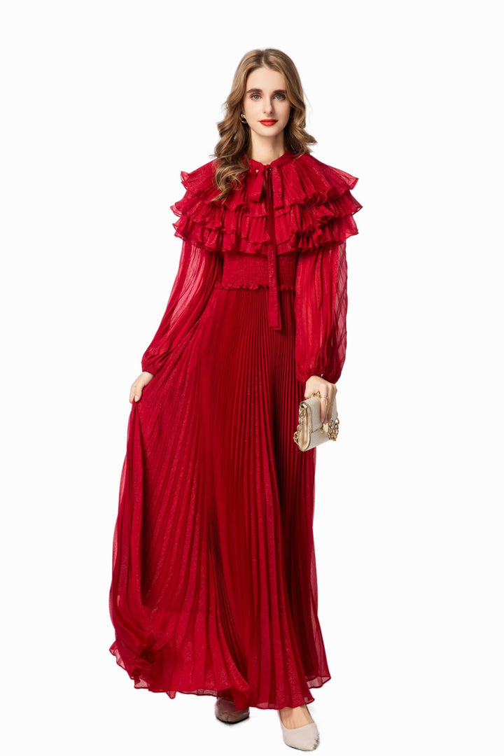 pleated chiffon maxi dress with layered ruffle collar – SERAPHINA