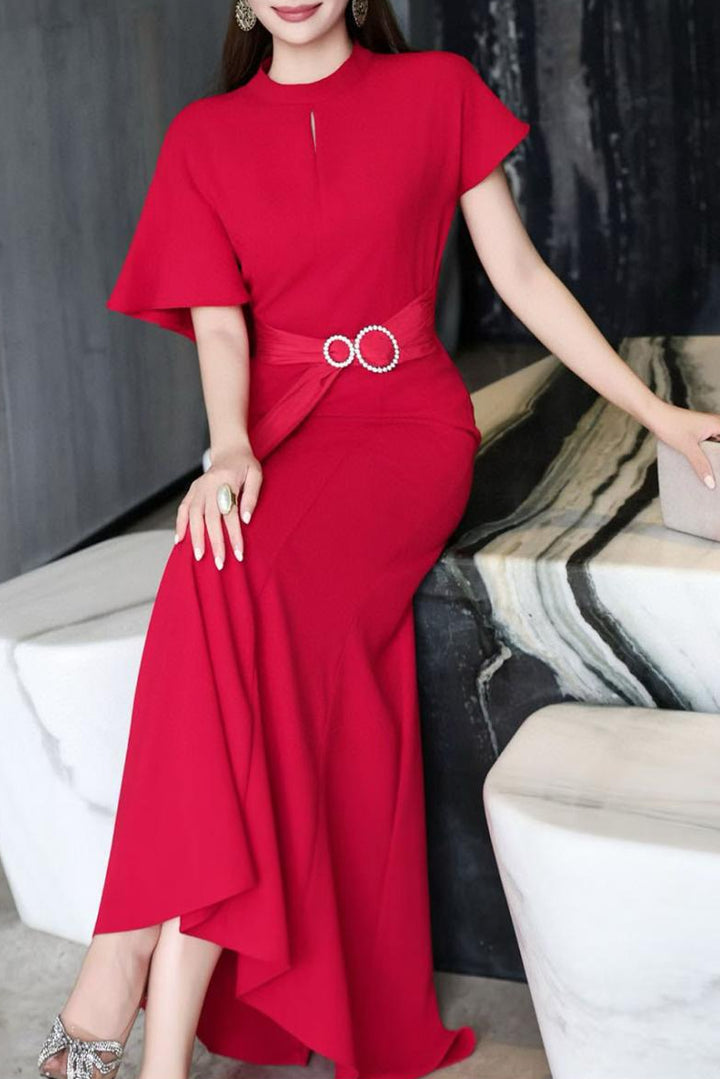 elegant flutter-sleeve maxi dress with draped belt – DARIA