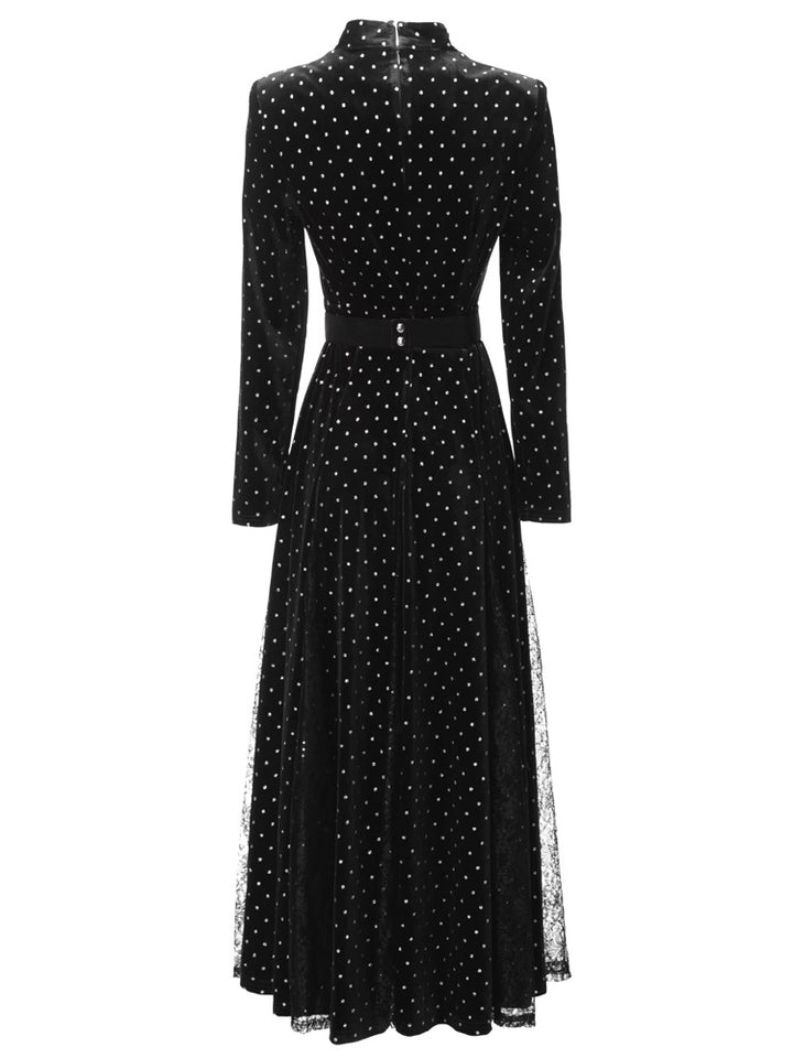 velvet polka dot gown with choker neckline and embellished belt – STELLAR