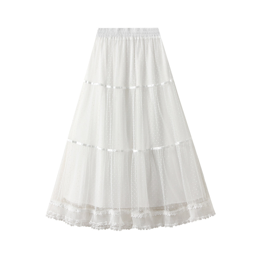 tiered dotted tulle midi skirt with lace trim – ELIORA