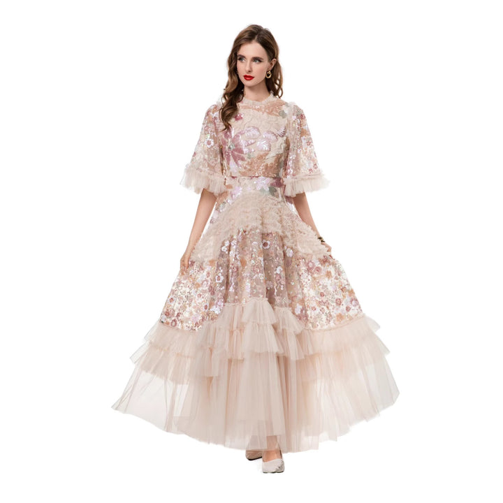 sequin-embroidered tulle gown with layered ruffle skirt – LUMIARA