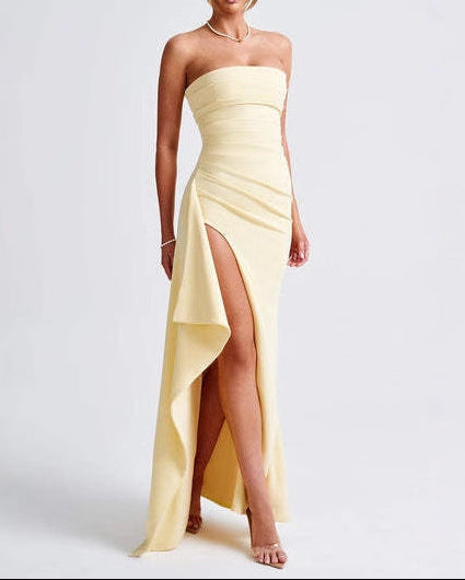 strapless draped gown with high slit – AURONGA