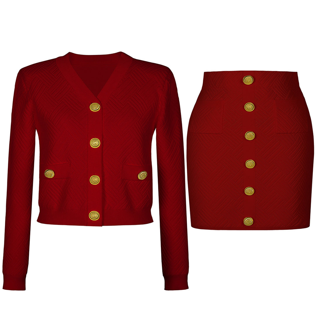 two-piece knit set with gold button accents – ADELLEM