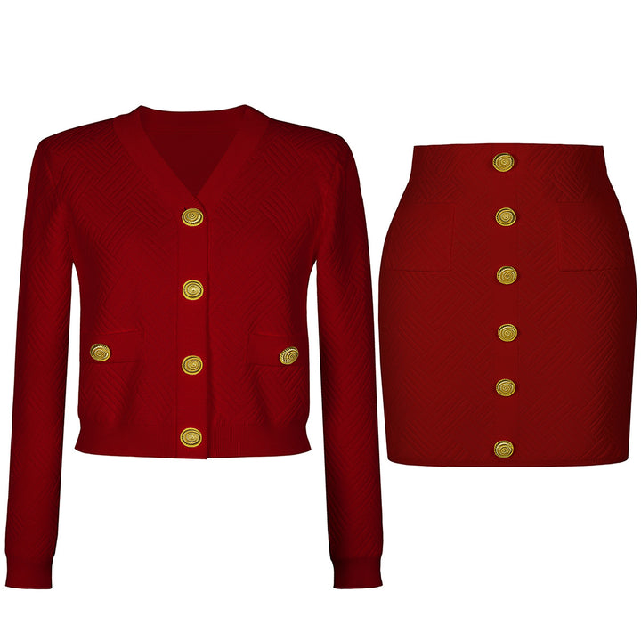 two-piece knit set with gold button accents – ADELLEM