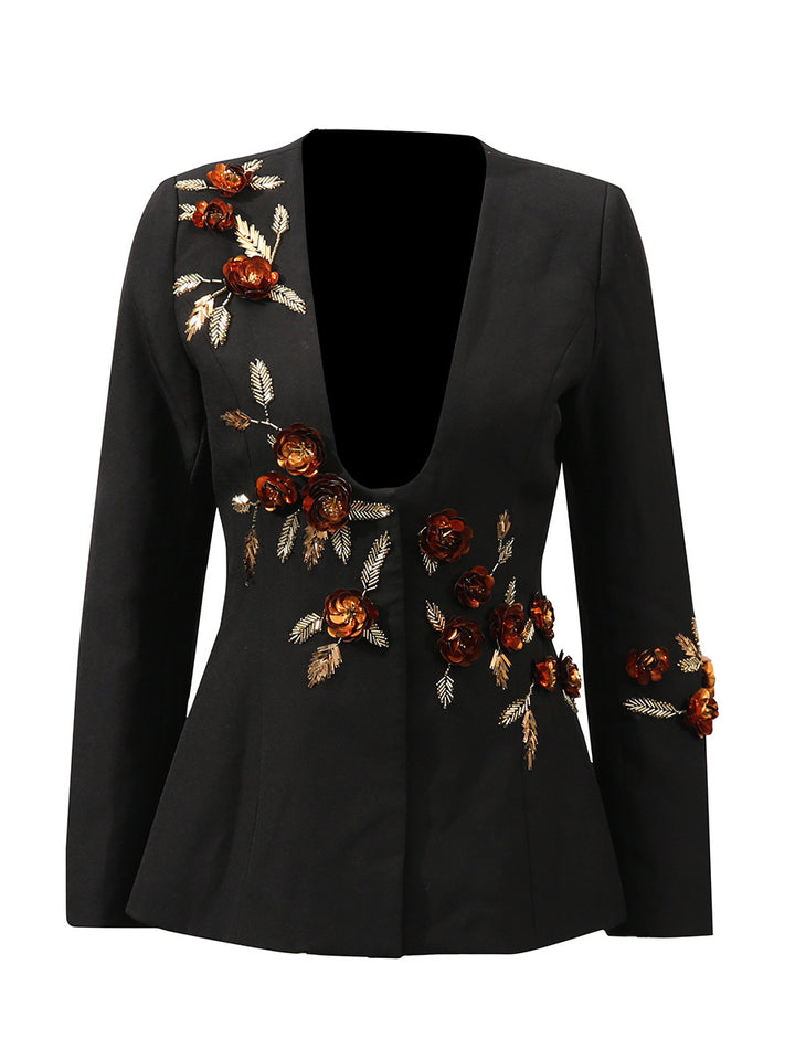 deep v-neck jacket with floral appliqué – SERENAZLU