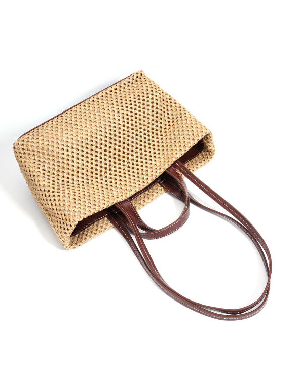 sac cabas en rotin tissé avec doubles poignées en cuir – LÉONIE 