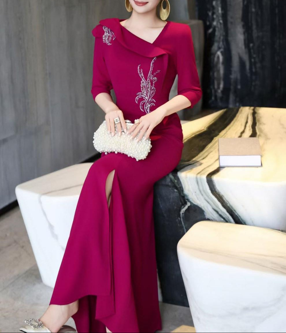 embellished draped-collar mermaid dress – ROYAL FUCHSIA