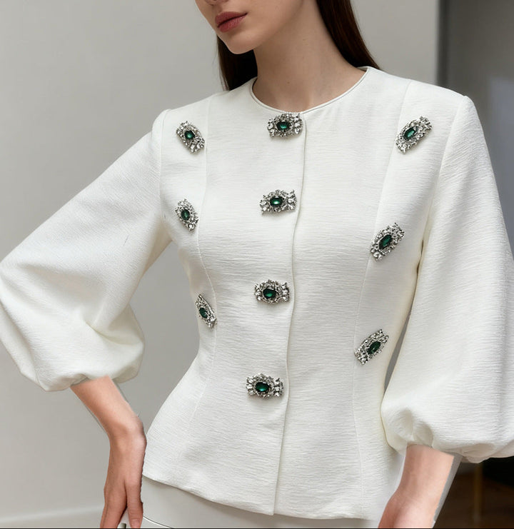 embellished puff-sleeve top with jeweled floral accents – AURORA
