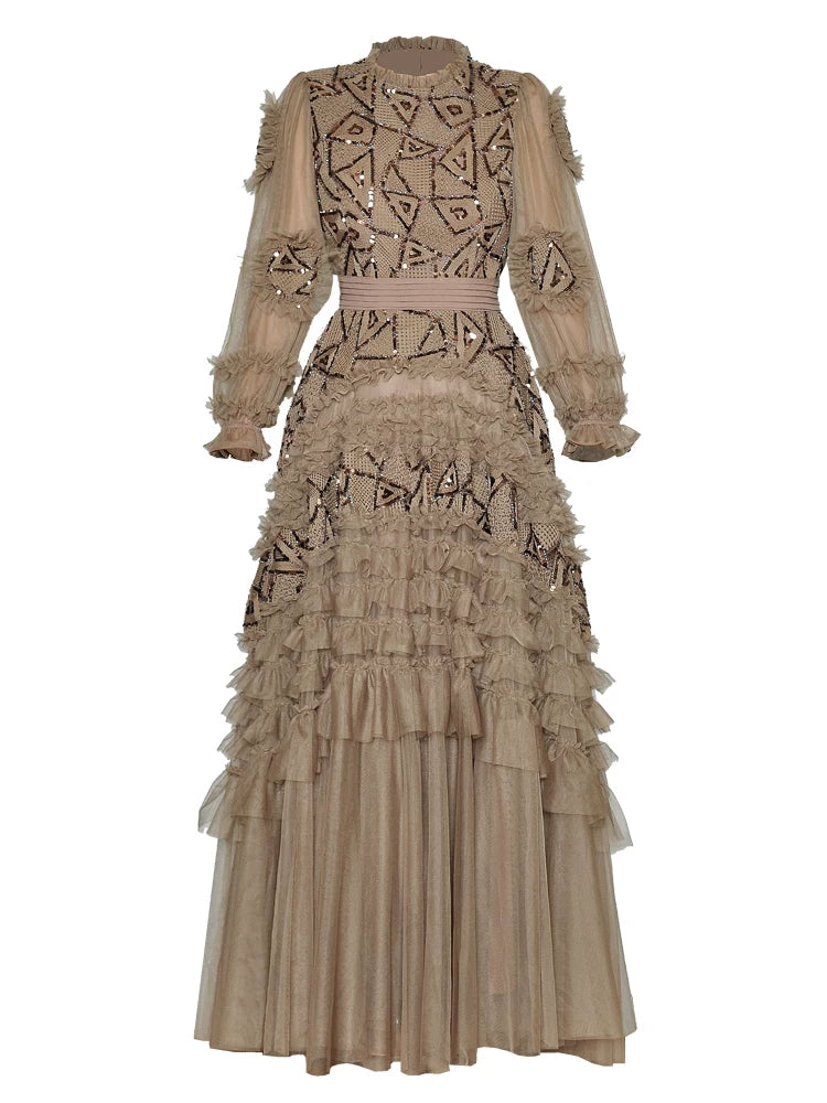 Gold Embellished Ruffle Evening Gown – Aurelia
