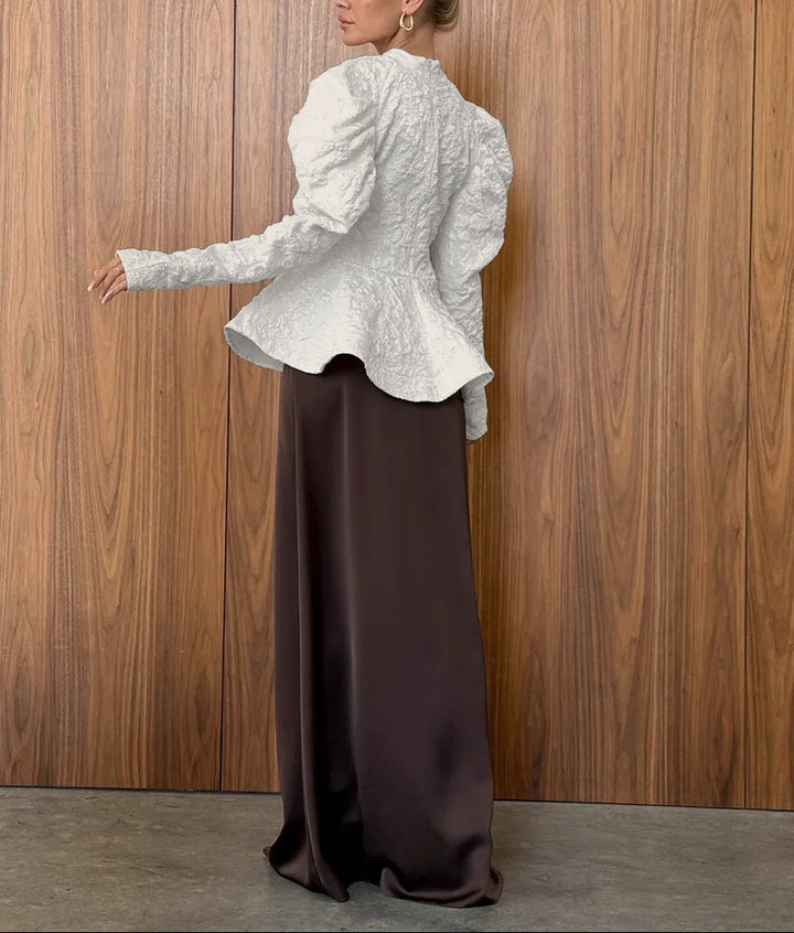 textured peplum blouse with sculpted puff sleeves – OPHELIA