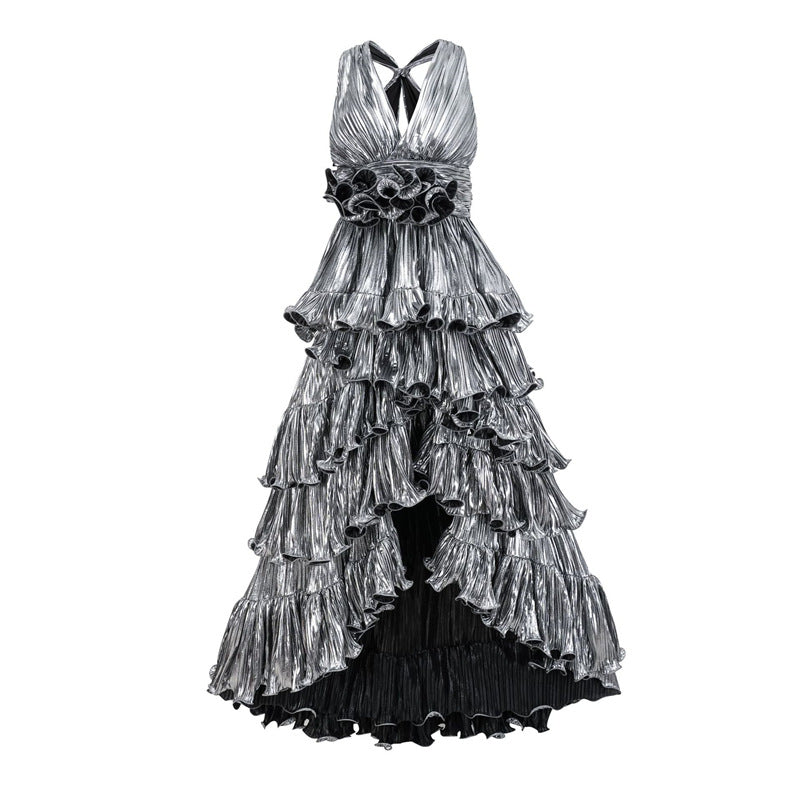 metallic pleated halter dress with tiered ruffles – DALSE