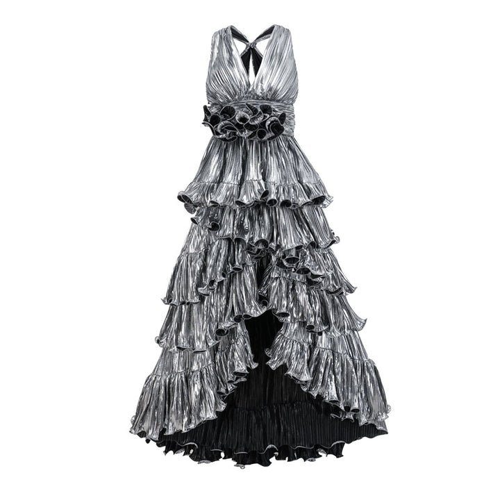 metallic pleated halter dress with tiered ruffles – DALSE