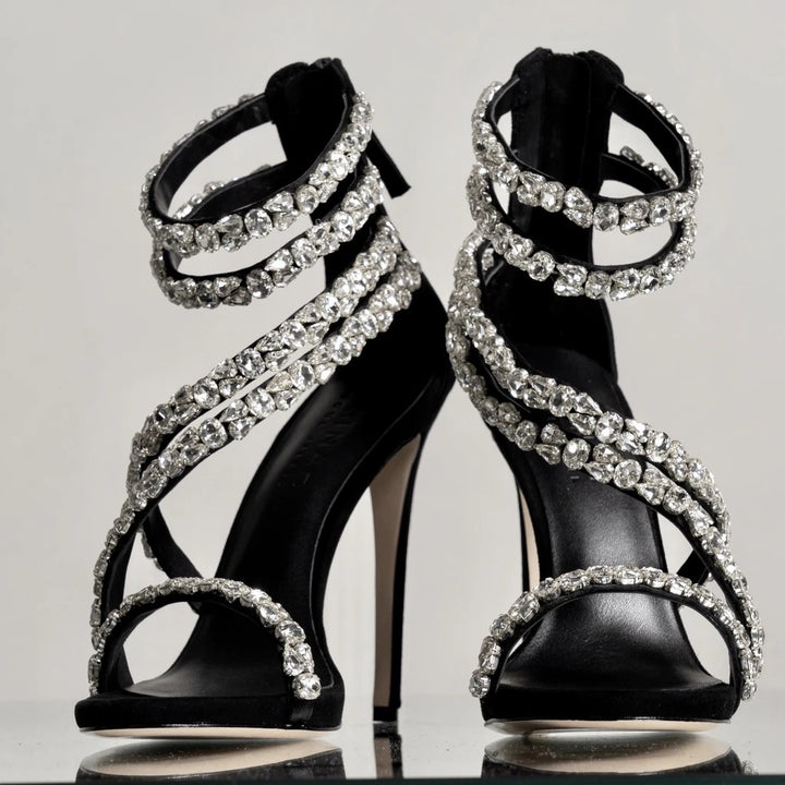 crystal-embellished spiral strap stiletto heels – SERAPHINA