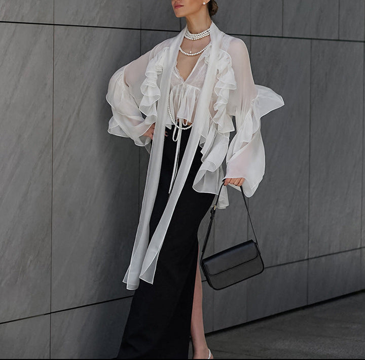 sheer ruffle-sleeve blouse with cascading ties – ELYSIA