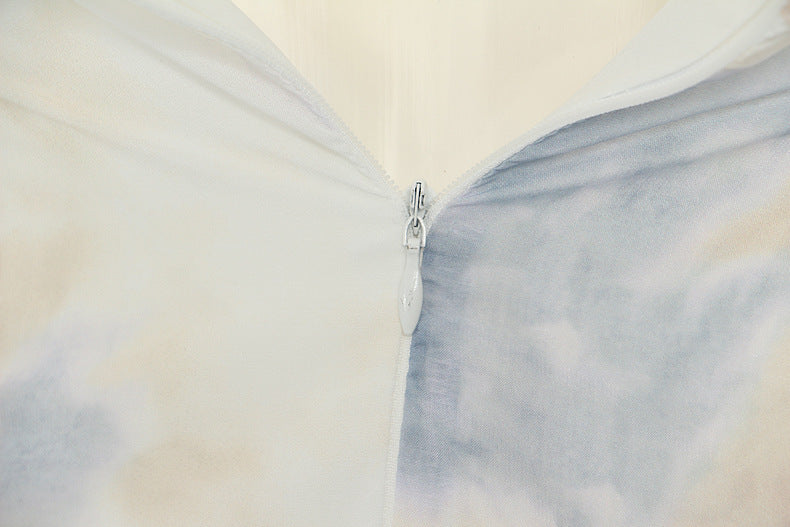 Corset-style midi dress with ruffled neckline and puff sleeves – LUMERA