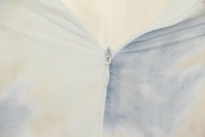 Corset-style midi dress with ruffled neckline and puff sleeves – LUMERA