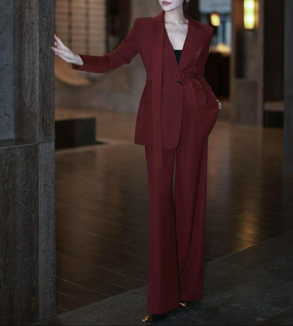belted tailored blazer with wide-leg trousers – SIENNA