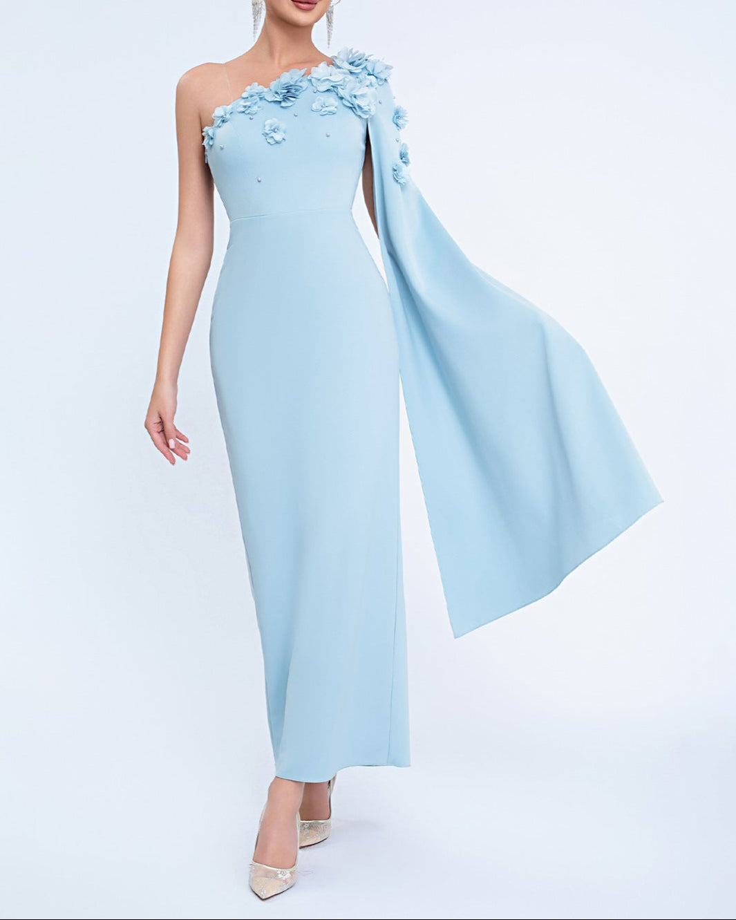 褶皱喇叭袖上衣和高腰裙套装，配腰带 – Rosiny 