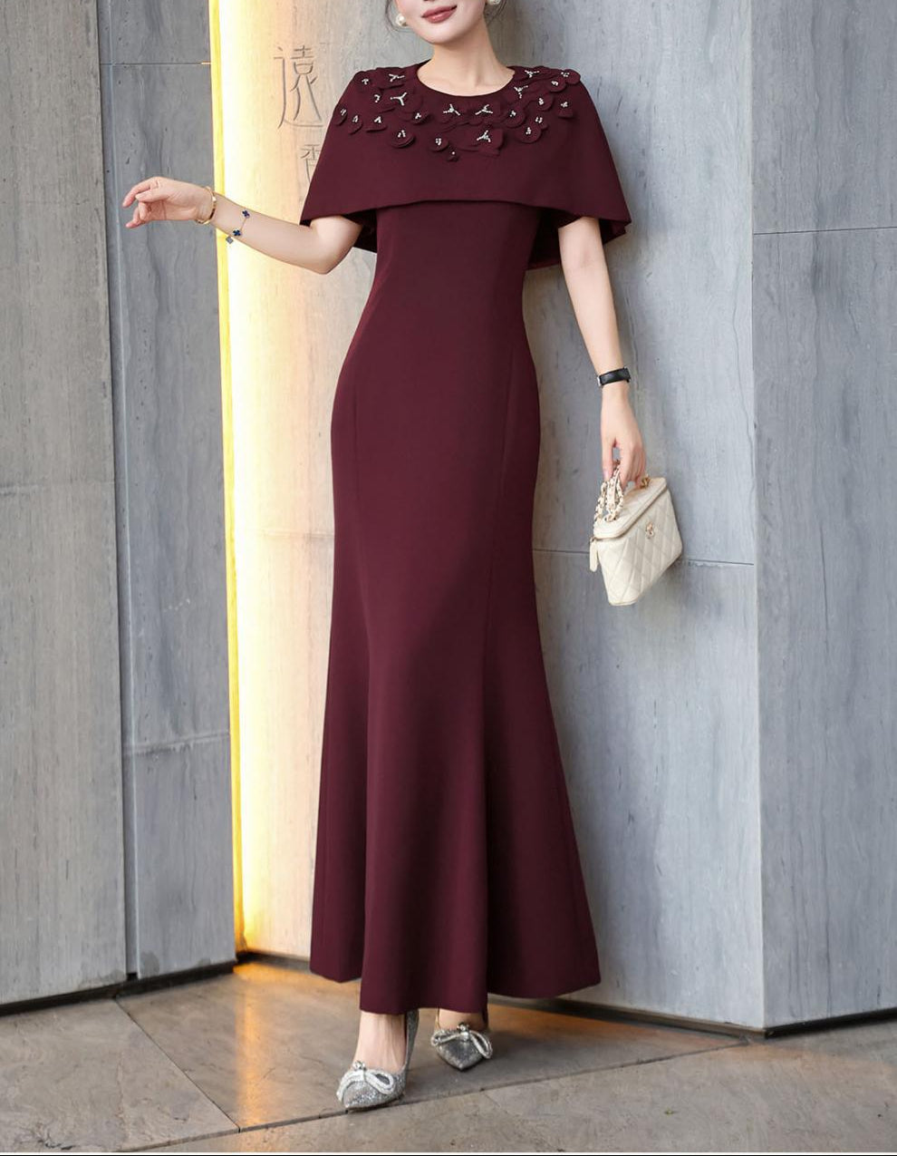 cape-shoulder mermaid dress with embellished neckline – FUCHSIA