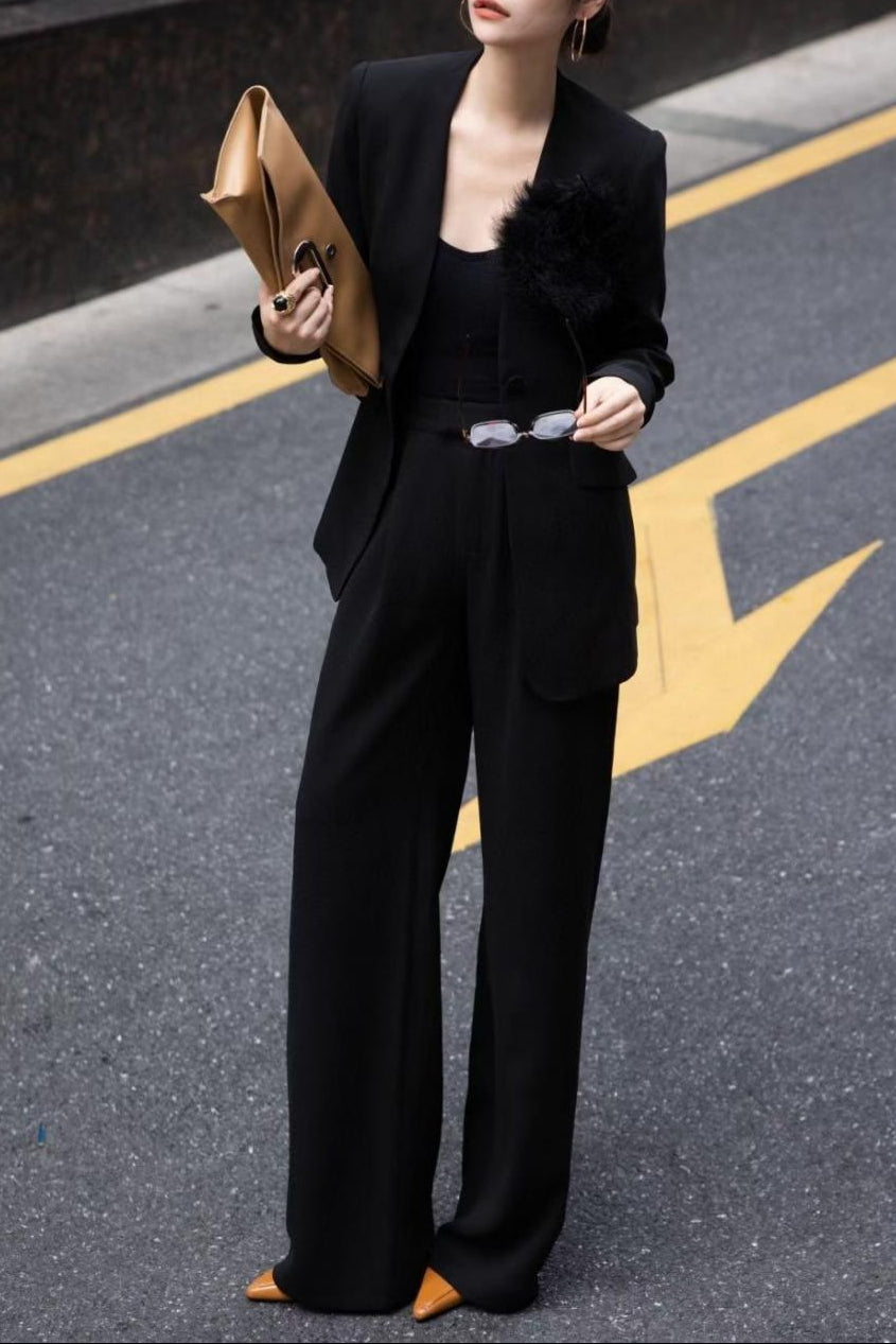 tailored wide-leg suit with fur brooch detail – SIENNA