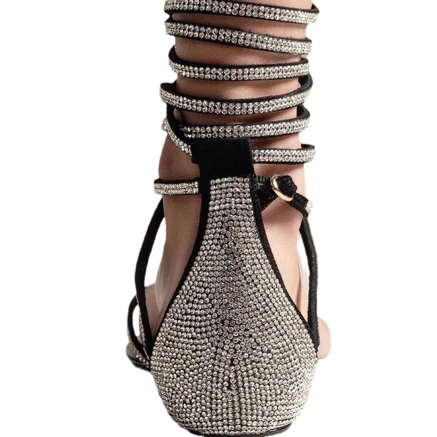 rhinestone wrap flat sandals with ankle ties – ZUROLTA
