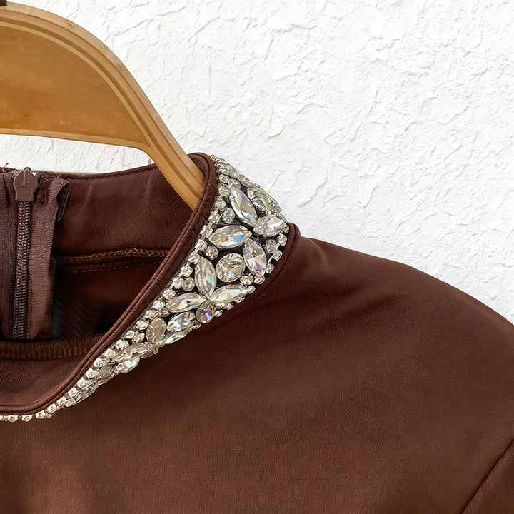 long-sleeve embellished draped midi dress – AURELIA